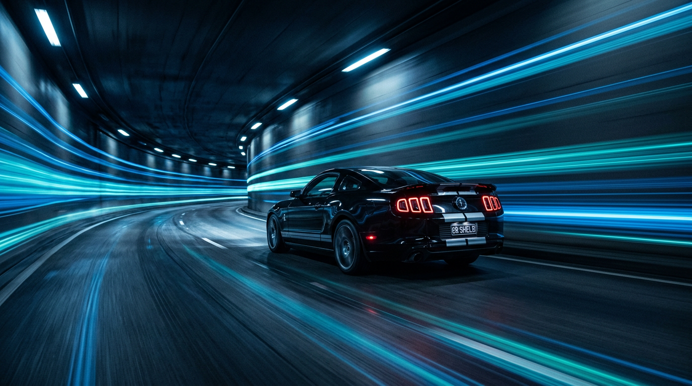 Shelby-inspired muscle car driving through a dark tunnel with light trails